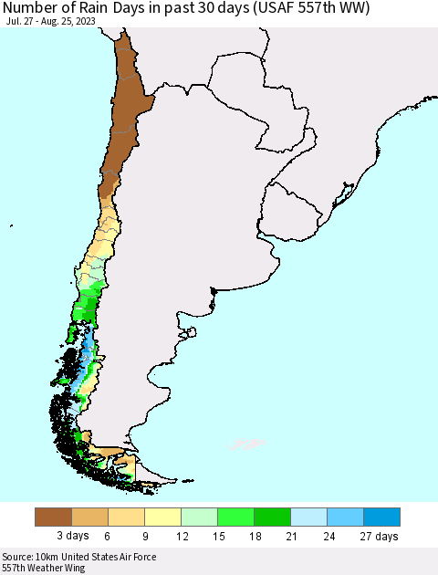 Chile Number of Rain Days in past 30 days (USAF 557th WW) 08/25/2023 Thematic Map For 8/21/2023 - 8/25/2023