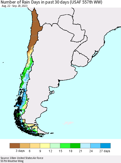Chile Number of Rain Days in past 30 days (USAF 557th WW) 09/20/2023 Thematic Map For 9/16/2023 - 9/20/2023