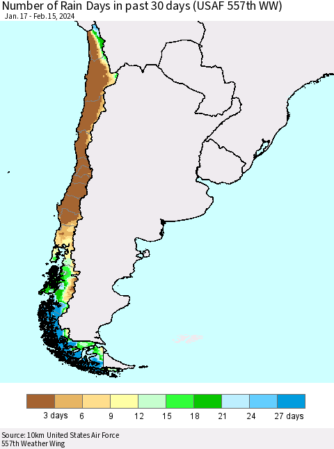 Chile Number of Rain Days in past 30 days (USAF 557th WW) 02/15/2024 Thematic Map For 2/11/2024 - 2/15/2024