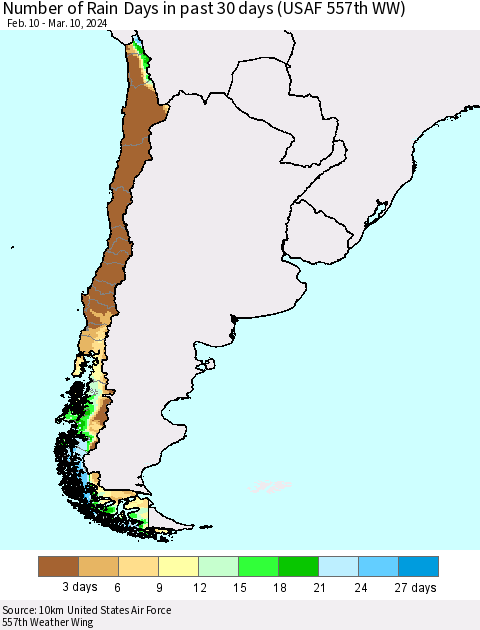 Chile Number of Rain Days in past 30 days (USAF 557th WW) 03/10/2024 Thematic Map For 3/6/2024 - 3/10/2024