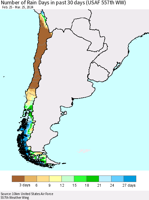Chile Number of Rain Days in past 30 days (USAF 557th WW) 03/25/2024 Thematic Map For 3/21/2024 - 3/25/2024