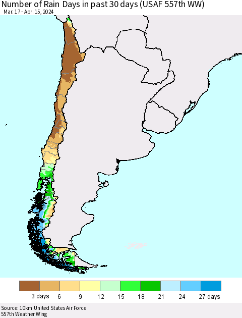 Chile Number of Rain Days in past 30 days (USAF 557th WW) 04/15/2024 Thematic Map For 4/11/2024 - 4/15/2024