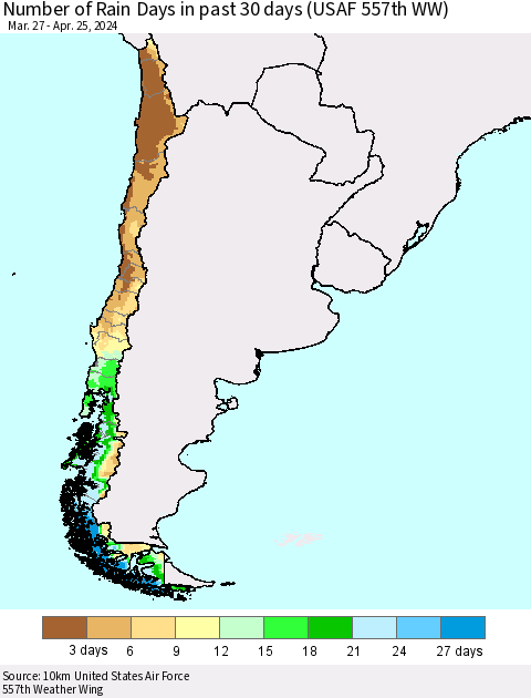 Chile Number of Rain Days in past 30 days (USAF 557th WW) 04/25/2024 Thematic Map For 4/21/2024 - 4/25/2024