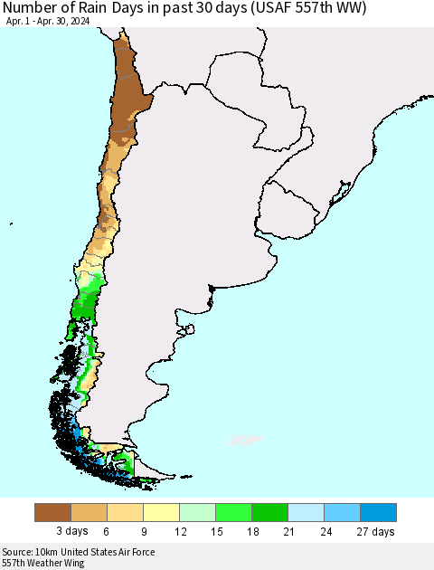 Chile Number of Rain Days in past 30 days (USAF 557th WW) 04/30/2024 Thematic Map For 4/26/2024 - 4/30/2024