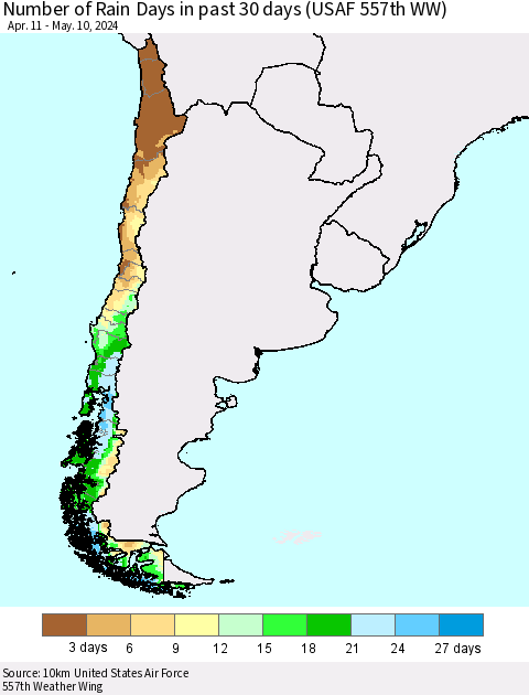 Chile Number of Rain Days in past 30 days (USAF 557th WW) 05/10/2024 Thematic Map For 5/6/2024 - 5/10/2024