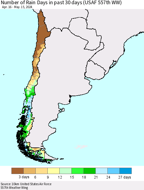 Chile Number of Rain Days in past 30 days (USAF 557th WW) 05/15/2024 Thematic Map For 5/11/2024 - 5/15/2024