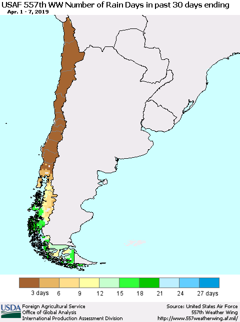 Chile Number of Rain Days in past 30 days (USAF 557th WW) 04/07/2019 Thematic Map For 4/1/2019 - 4/7/2019