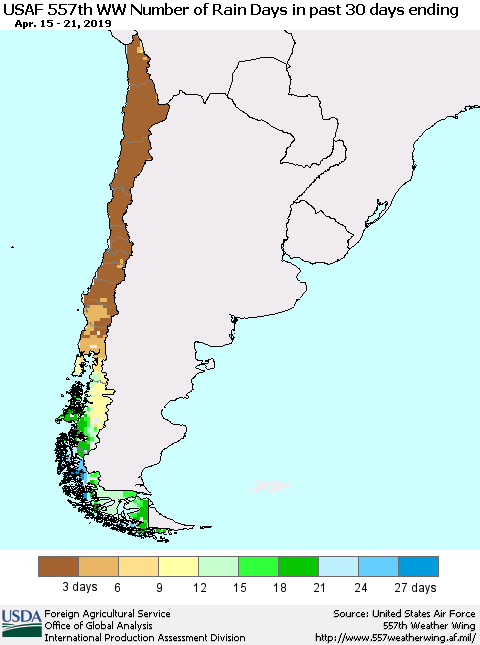 Chile Number of Rain Days in past 30 days (USAF 557th WW) 04/21/2019 Thematic Map For 4/15/2019 - 4/21/2019