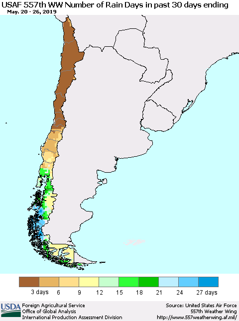 Chile Number of Rain Days in past 30 days (USAF 557th WW) 05/26/2019 Thematic Map For 5/20/2019 - 5/26/2019