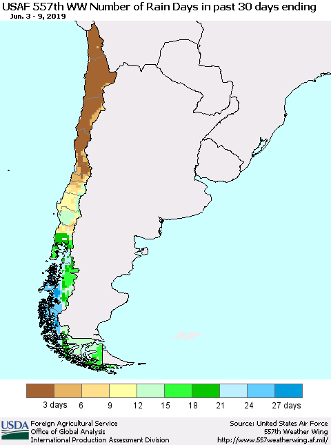 Chile Number of Rain Days in past 30 days (USAF 557th WW) 06/09/2019 Thematic Map For 6/3/2019 - 6/9/2019