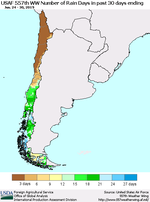 Chile Number of Rain Days in past 30 days (USAF 557th WW) 06/30/2019 Thematic Map For 6/24/2019 - 6/30/2019