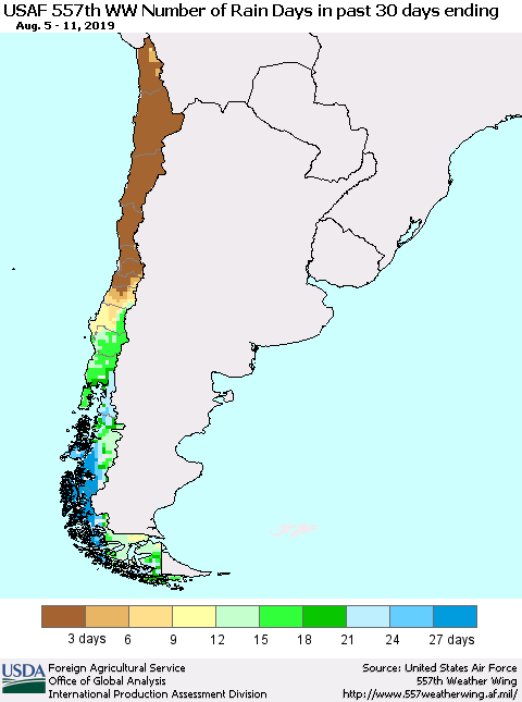 Chile Number of Rain Days in past 30 days (USAF 557th WW) 08/11/2019 Thematic Map For 8/5/2019 - 8/11/2019