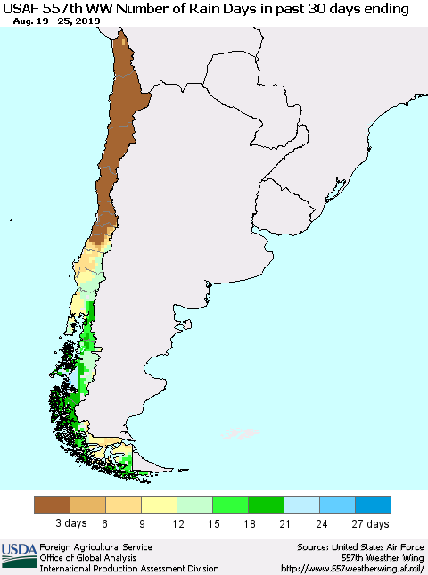 Chile Number of Rain Days in past 30 days (USAF 557th WW) 08/25/2019 Thematic Map For 8/19/2019 - 8/25/2019