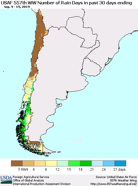 Chile Number of Rain Days in past 30 days (USAF 557th WW) 09/15/2019 Thematic Map For 9/9/2019 - 9/15/2019