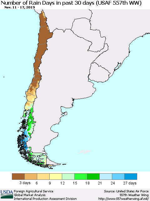 Chile Number of Rain Days in past 30 days (USAF 557th WW) 11/17/2019 Thematic Map For 11/11/2019 - 11/17/2019