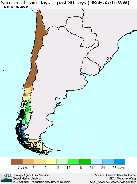 Chile Number of Rain Days in past 30 days (USAF 557th WW) 12/08/2019 Thematic Map For 12/2/2019 - 12/8/2019
