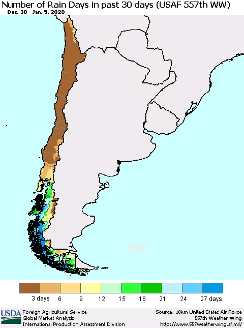 Chile Number of Rain Days in past 30 days (USAF 557th WW) 01/05/2020 Thematic Map For 12/30/2019 - 1/5/2020