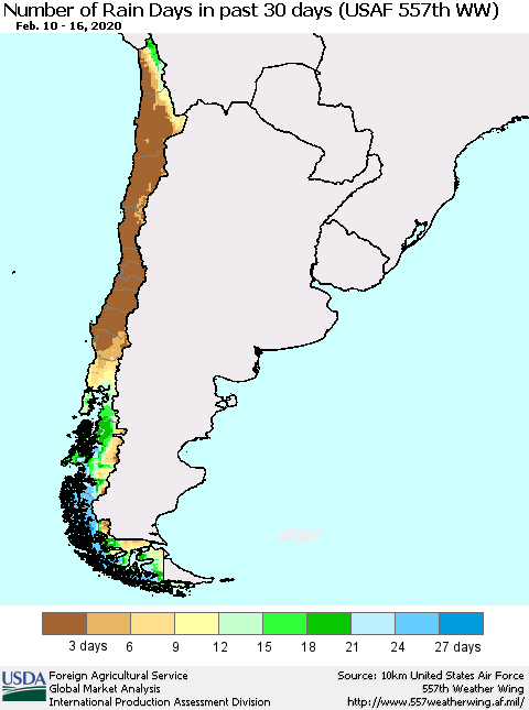 Chile Number of Rain Days in past 30 days (USAF 557th WW) 02/16/2020 Thematic Map For 2/10/2020 - 2/16/2020