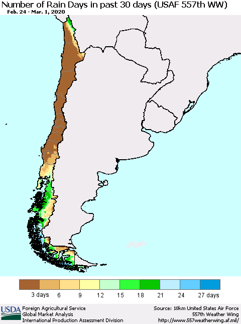 Chile Number of Rain Days in past 30 days (USAF 557th WW) 03/01/2020 Thematic Map For 2/24/2020 - 3/1/2020