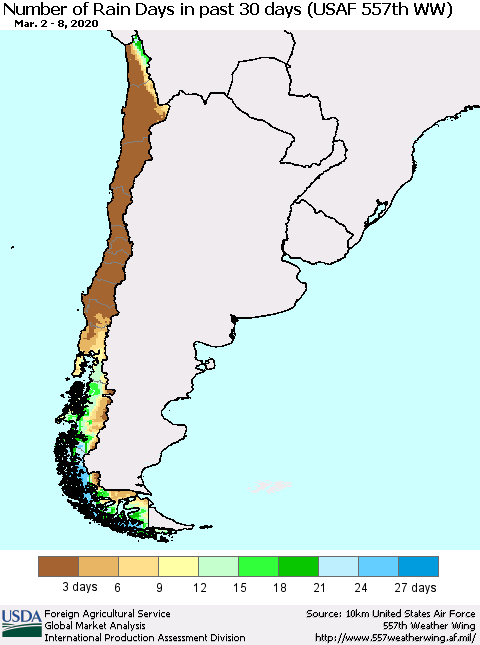 Chile Number of Rain Days in past 30 days (USAF 557th WW) 03/08/2020 Thematic Map For 3/2/2020 - 3/8/2020