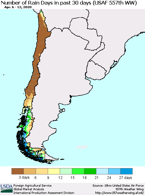 Chile Number of Rain Days in past 30 days (USAF 557th WW) 04/12/2020 Thematic Map For 4/6/2020 - 4/12/2020