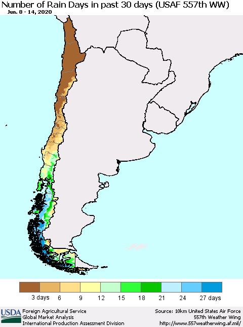 Chile Number of Rain Days in past 30 days (USAF 557th WW) 06/14/2020 Thematic Map For 6/8/2020 - 6/14/2020