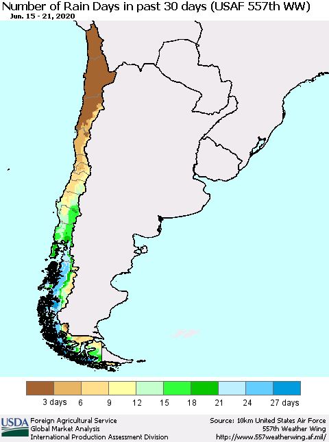 Chile Number of Rain Days in past 30 days (USAF 557th WW) 06/21/2020 Thematic Map For 6/15/2020 - 6/21/2020