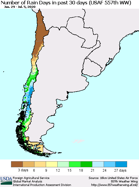 Chile Number of Rain Days in past 30 days (USAF 557th WW) 07/05/2020 Thematic Map For 6/29/2020 - 7/5/2020