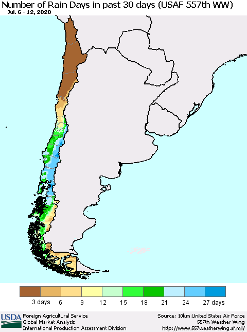Chile Number of Rain Days in past 30 days (USAF 557th WW) 07/12/2020 Thematic Map For 7/6/2020 - 7/12/2020