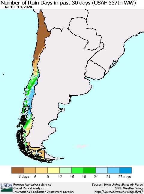 Chile Number of Rain Days in past 30 days (USAF 557th WW) 07/19/2020 Thematic Map For 7/13/2020 - 7/19/2020