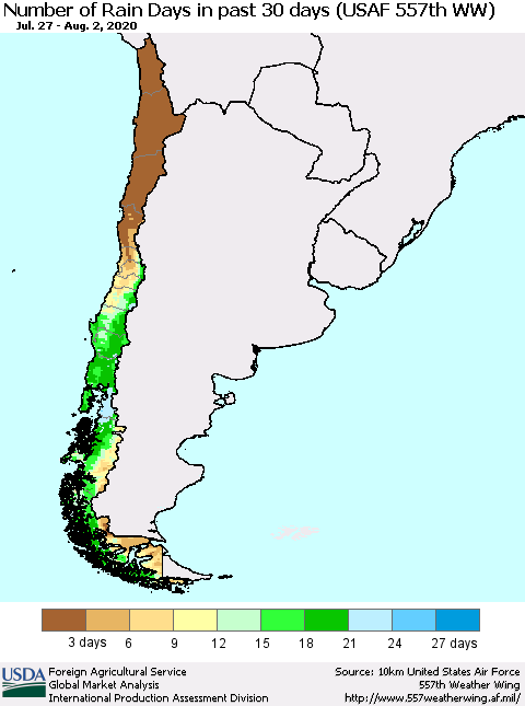 Chile Number of Rain Days in past 30 days (USAF 557th WW) 08/02/2020 Thematic Map For 7/27/2020 - 8/2/2020