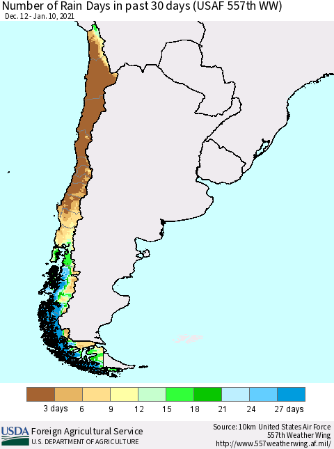 Chile Number of Rain Days in past 30 days (USAF 557th WW) 01/10/2021 Thematic Map For 1/4/2021 - 1/10/2021