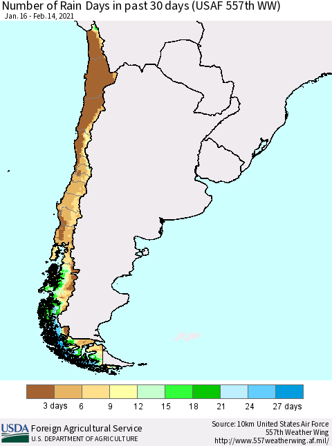 Chile Number of Rain Days in past 30 days (USAF 557th WW) 02/14/2021 Thematic Map For 2/8/2021 - 2/14/2021