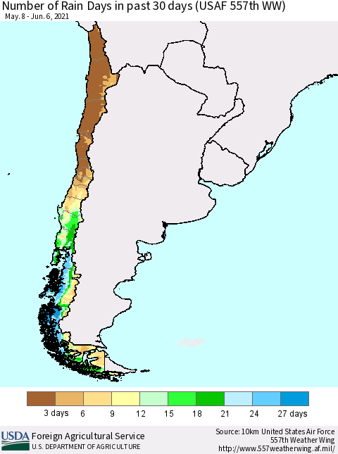 Chile Number of Rain Days in past 30 days (USAF 557th WW) 06/06/2021 Thematic Map For 5/31/2021 - 6/6/2021