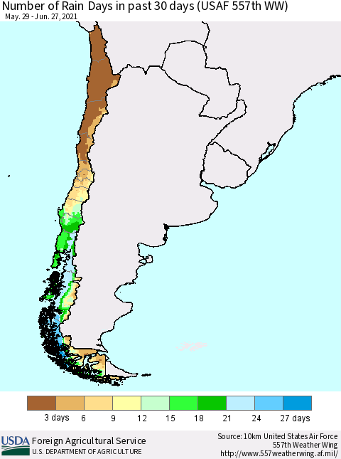 Chile Number of Rain Days in past 30 days (USAF 557th WW) 06/27/2021 Thematic Map For 6/21/2021 - 6/27/2021