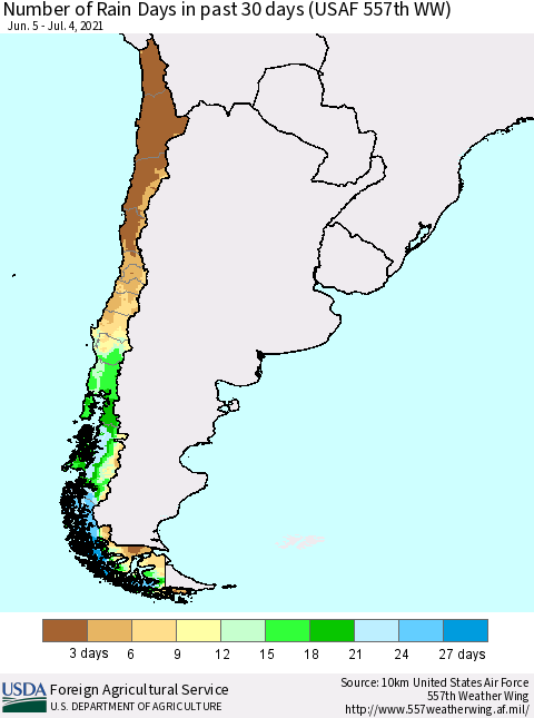 Chile Number of Rain Days in past 30 days (USAF 557th WW) 07/04/2021 Thematic Map For 6/28/2021 - 7/4/2021