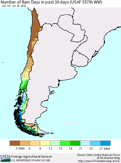 Chile Number of Rain Days in past 30 days (USAF 557th WW) 07/18/2021 Thematic Map For 7/12/2021 - 7/18/2021