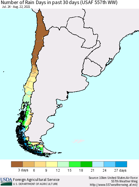 Chile Number of Rain Days in past 30 days (USAF 557th WW) 08/22/2021 Thematic Map For 8/16/2021 - 8/22/2021
