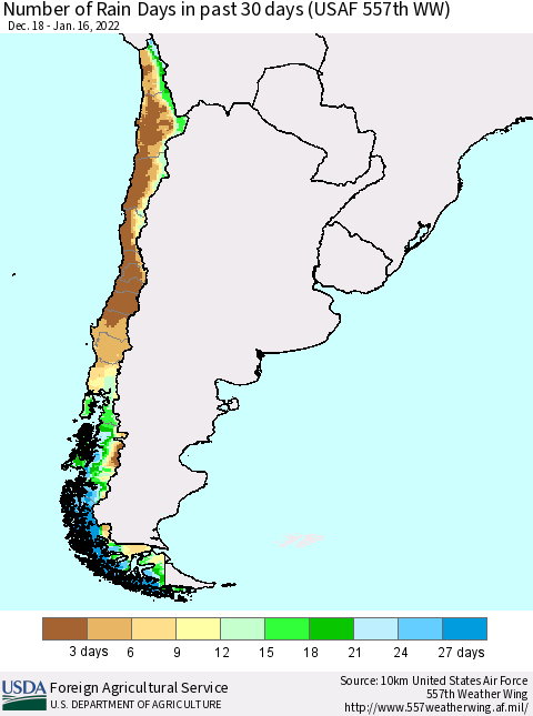 Chile Number of Rain Days in past 30 days (USAF 557th WW) 01/16/2022 Thematic Map For 1/10/2022 - 1/16/2022