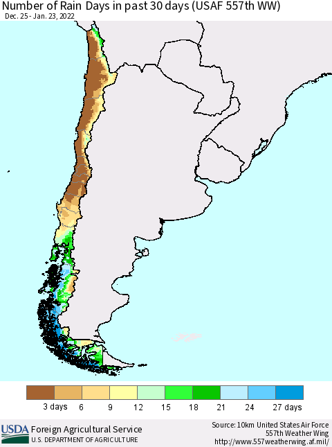 Chile Number of Rain Days in past 30 days (USAF 557th WW) 01/23/2022 Thematic Map For 1/17/2022 - 1/23/2022