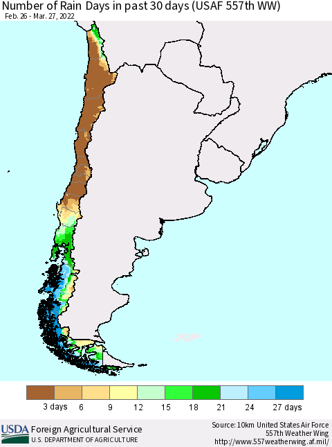 Chile Number of Rain Days in past 30 days (USAF 557th WW) 03/27/2022 Thematic Map For 3/21/2022 - 3/27/2022