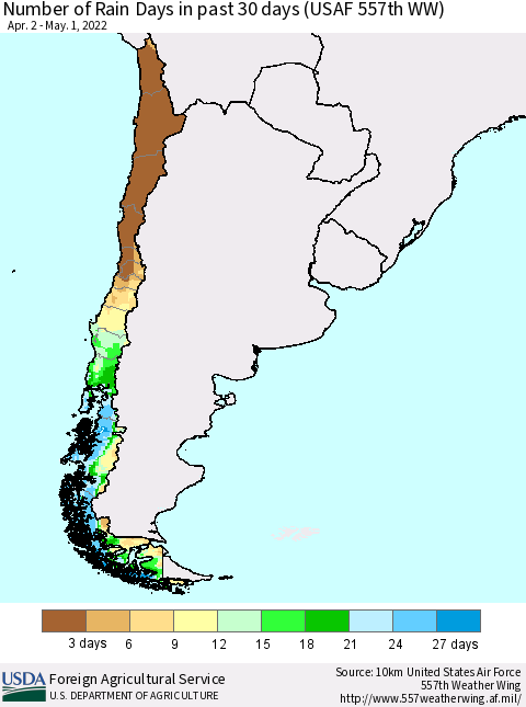 Chile Number of Rain Days in past 30 days (USAF 557th WW) 05/01/2022 Thematic Map For 4/25/2022 - 5/1/2022