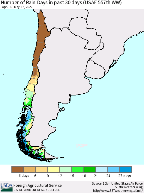 Chile Number of Rain Days in past 30 days (USAF 557th WW) 05/15/2022 Thematic Map For 5/9/2022 - 5/15/2022