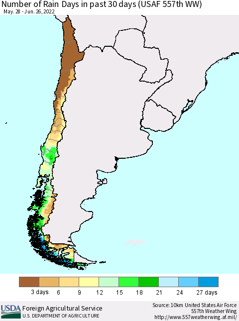 Chile Number of Rain Days in past 30 days (USAF 557th WW) 06/26/2022 Thematic Map For 6/20/2022 - 6/26/2022