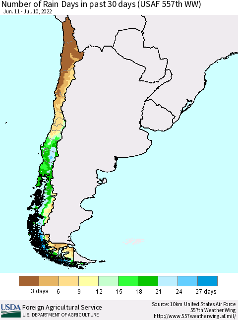 Chile Number of Rain Days in past 30 days (USAF 557th WW) 07/10/2022 Thematic Map For 7/4/2022 - 7/10/2022