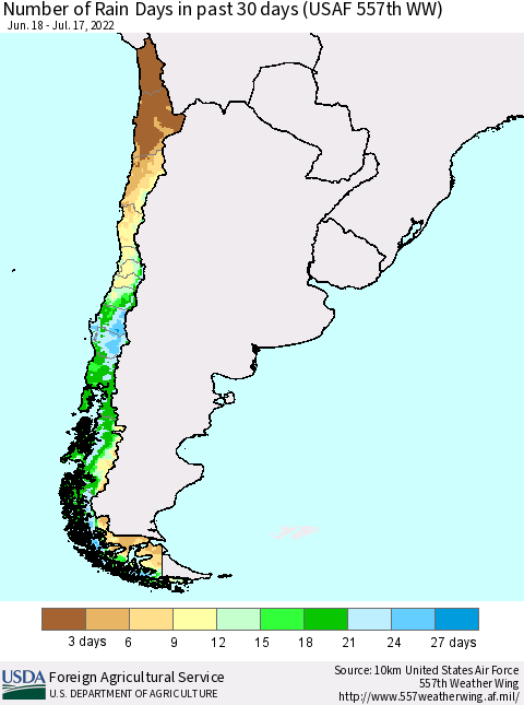 Chile Number of Rain Days in past 30 days (USAF 557th WW) 07/17/2022 Thematic Map For 7/11/2022 - 7/17/2022