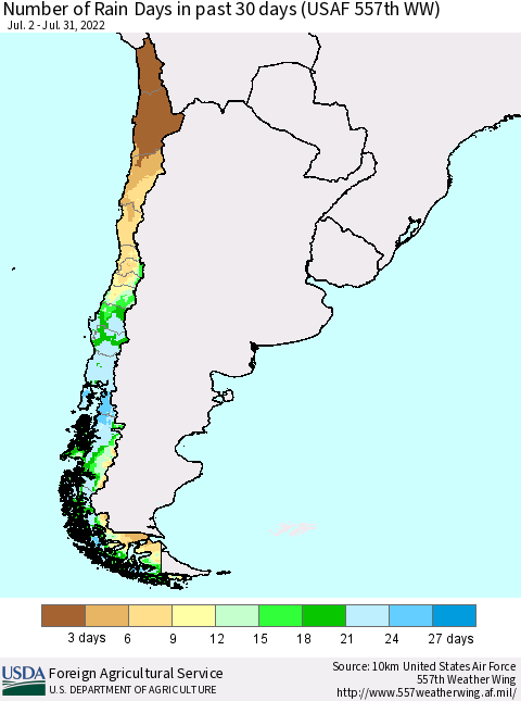 Chile Number of Rain Days in past 30 days (USAF 557th WW) 07/31/2022 Thematic Map For 7/25/2022 - 7/31/2022