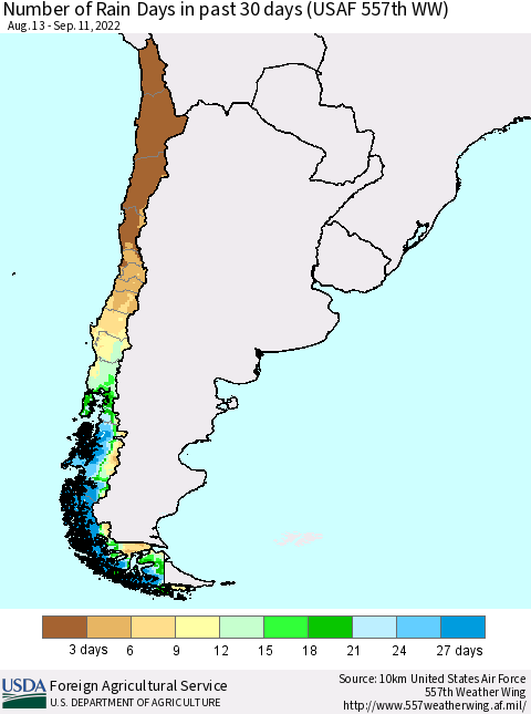 Chile Number of Rain Days in past 30 days (USAF 557th WW) 09/11/2022 Thematic Map For 9/5/2022 - 9/11/2022