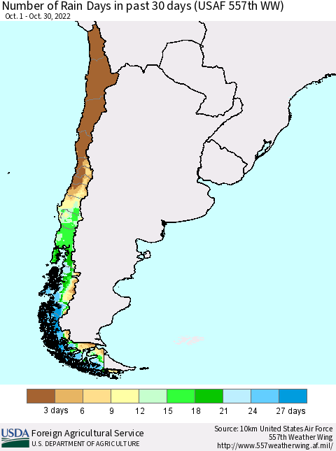Chile Number of Rain Days in past 30 days (USAF 557th WW) 10/30/2022 Thematic Map For 10/24/2022 - 10/30/2022