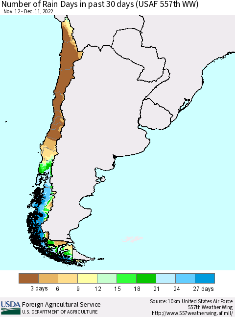 Chile Number of Rain Days in past 30 days (USAF 557th WW) 12/11/2022 Thematic Map For 12/5/2022 - 12/11/2022